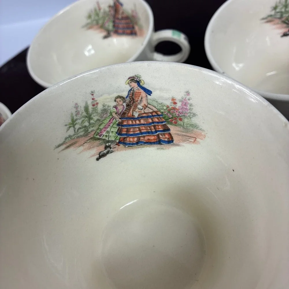 Vintage Salem China Godey Prints Demitasse Teacups Victory Ribbed Shape Set of 4